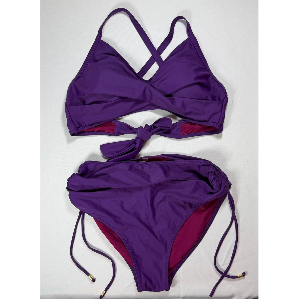 B. Women Purple Wrap Front Tie Bikini Set High Waist Cinched Side Bottoms L